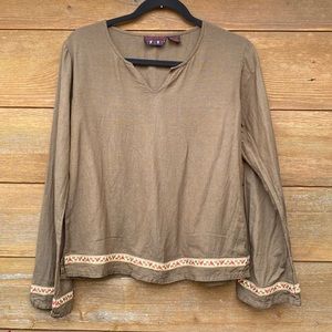 Funky People Boxy Brown Linen Blend Cropped Top with Ribbon Trim